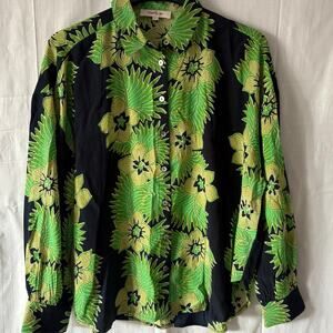 Derhy Green Black Floral Print Button Down Blouse Shirt Top Size Large